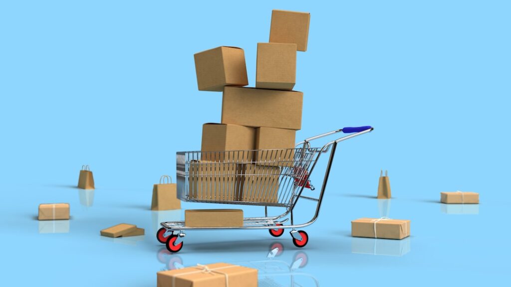 Interface de assistente virtual em dispositivo digital com ícones de compras e inteligência artificial ao fundo.