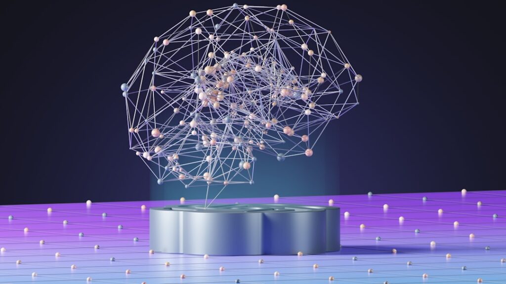 Visualização de rede neural com conexões luminosas representando processamento de inteligência artificial
